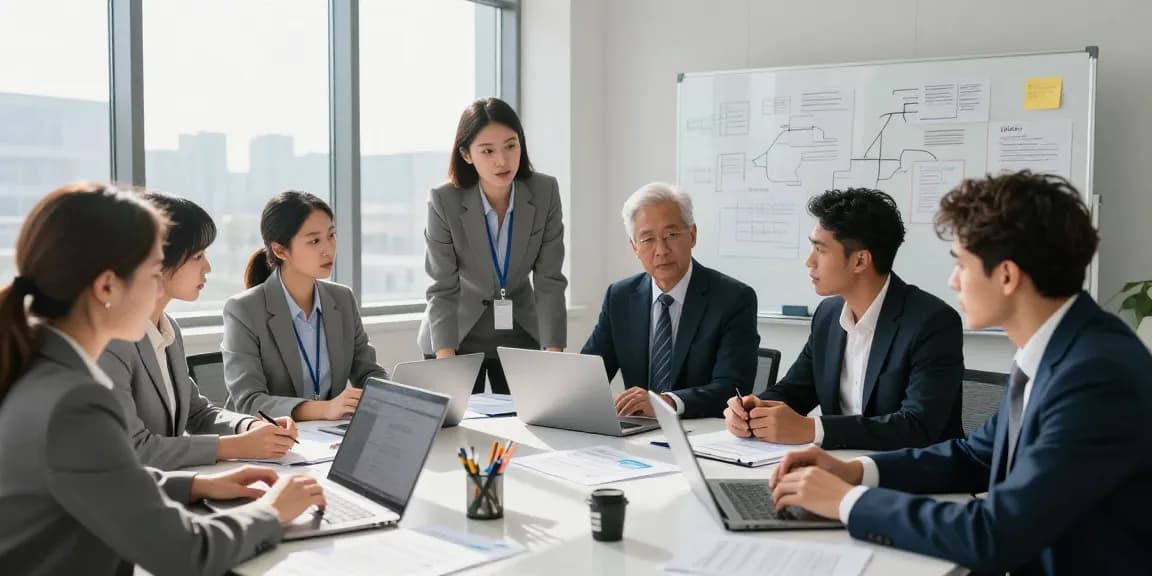 Tim audit forensik AAFI KOTA BOGOR berdiskusi dengan dokumen dan laptop di ruang kantor modern.