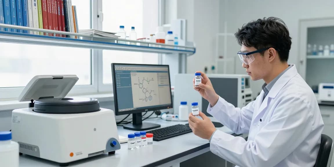 Technician analyzing SwissChems research-grade peptides in a modern lab setting.