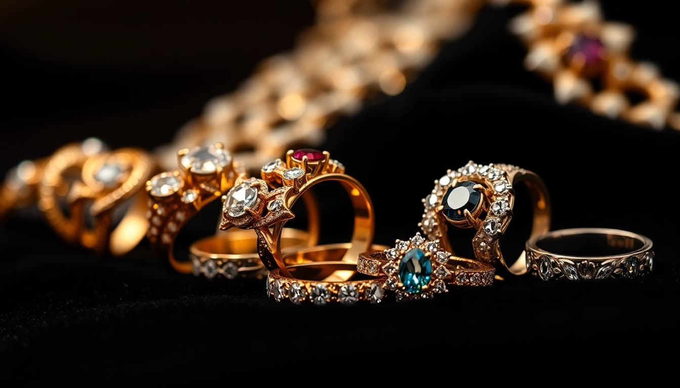 Showcase of beautiful luxury rings featuring intricate designs and sparkling gemstones.