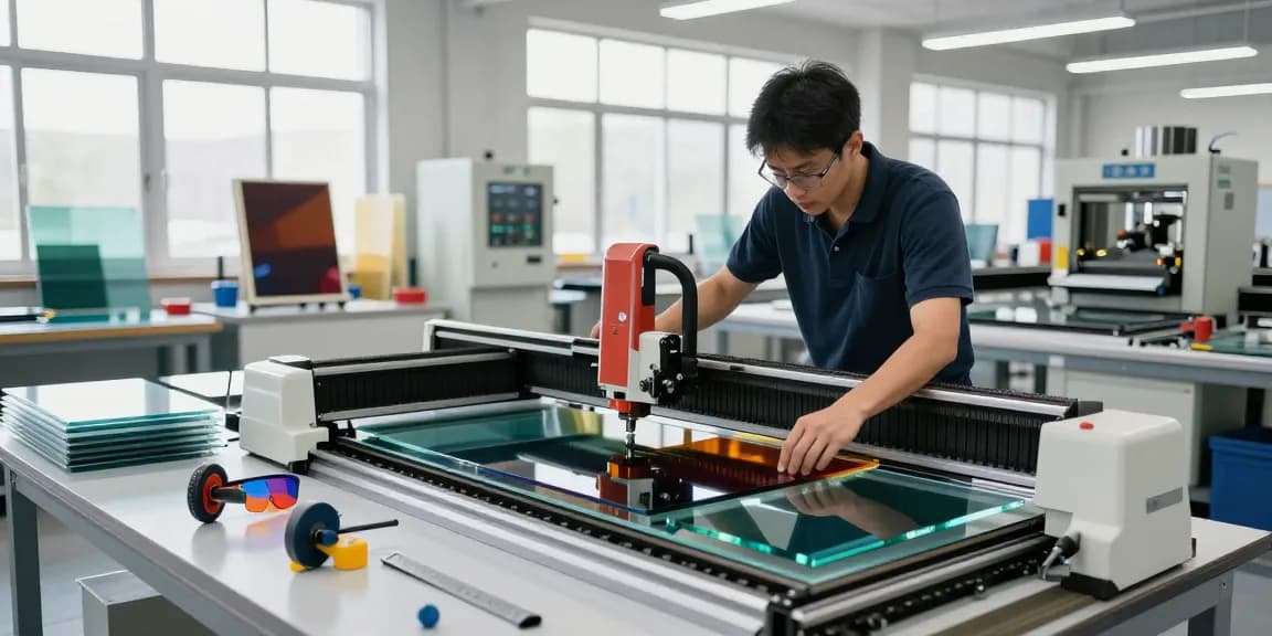 Technician operating a glass cutting machine in a high-tech workshop, showcasing precision and efficiency in glass processing.