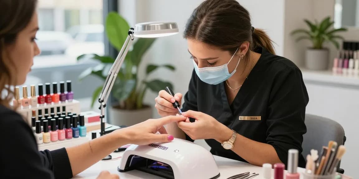 Aplicând oja semipermanentă într-un salon modern, evidențiind culorile vibrante și uneltele pentru îngrijirea unghiilor.
