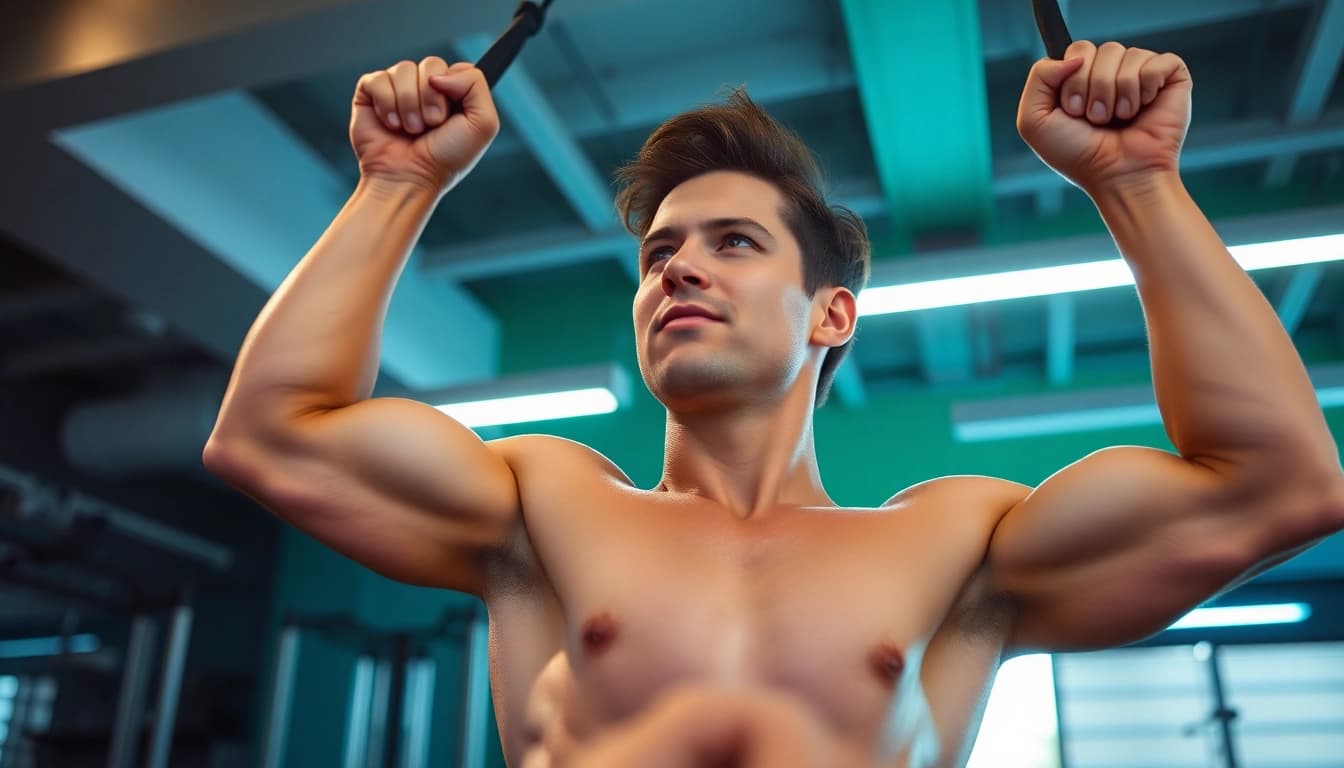 Fitness enthusiast performing assisted pull-up bands workout in a modern gym.