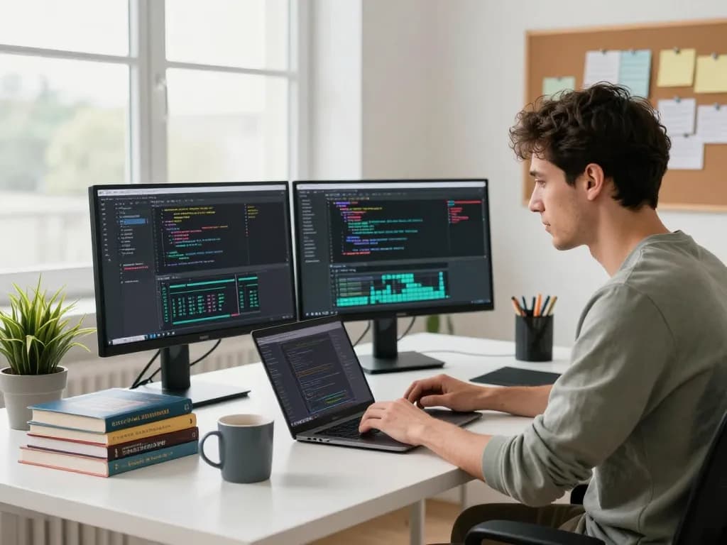 Moltbot developer coding in a bright workspace with dual monitors and natural light.