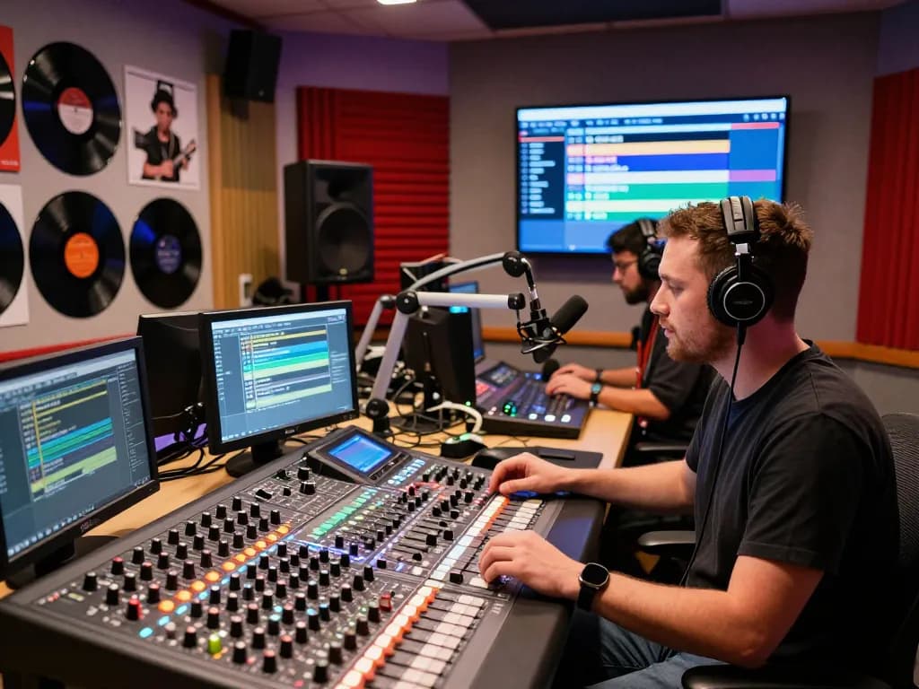 DJ di studio radio HOT 96 mengatur kontrol mixer, menangkap suasana energik musik hotplay96.