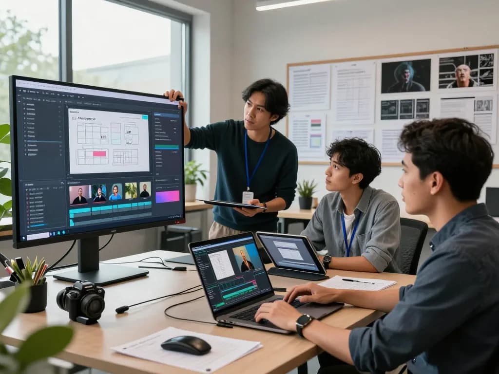 Seedance 2.0 collaboration in a modern studio, showcasing AI video production tools in action.