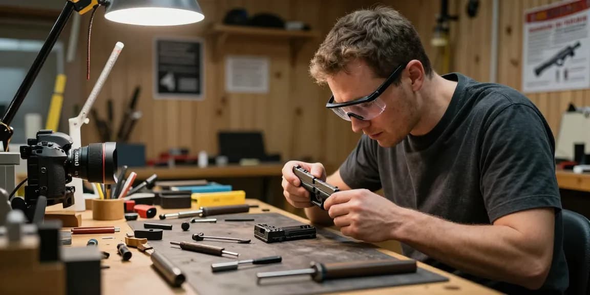 Enhance your Glock slides with precision upgrades from https://precisionglockslides.com showcasing a skilled gunsmith at work.