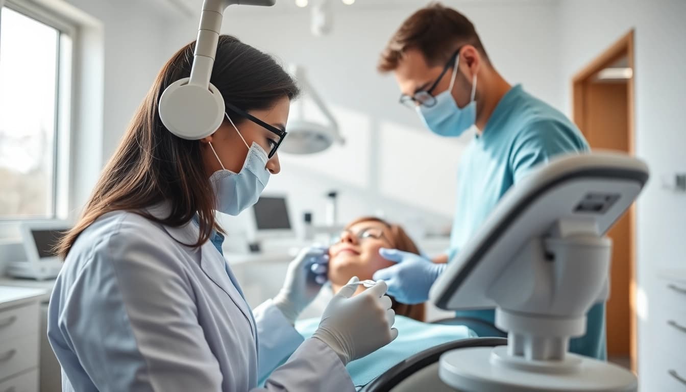 Dentist providing care to a patient in a modern clinic environment.
