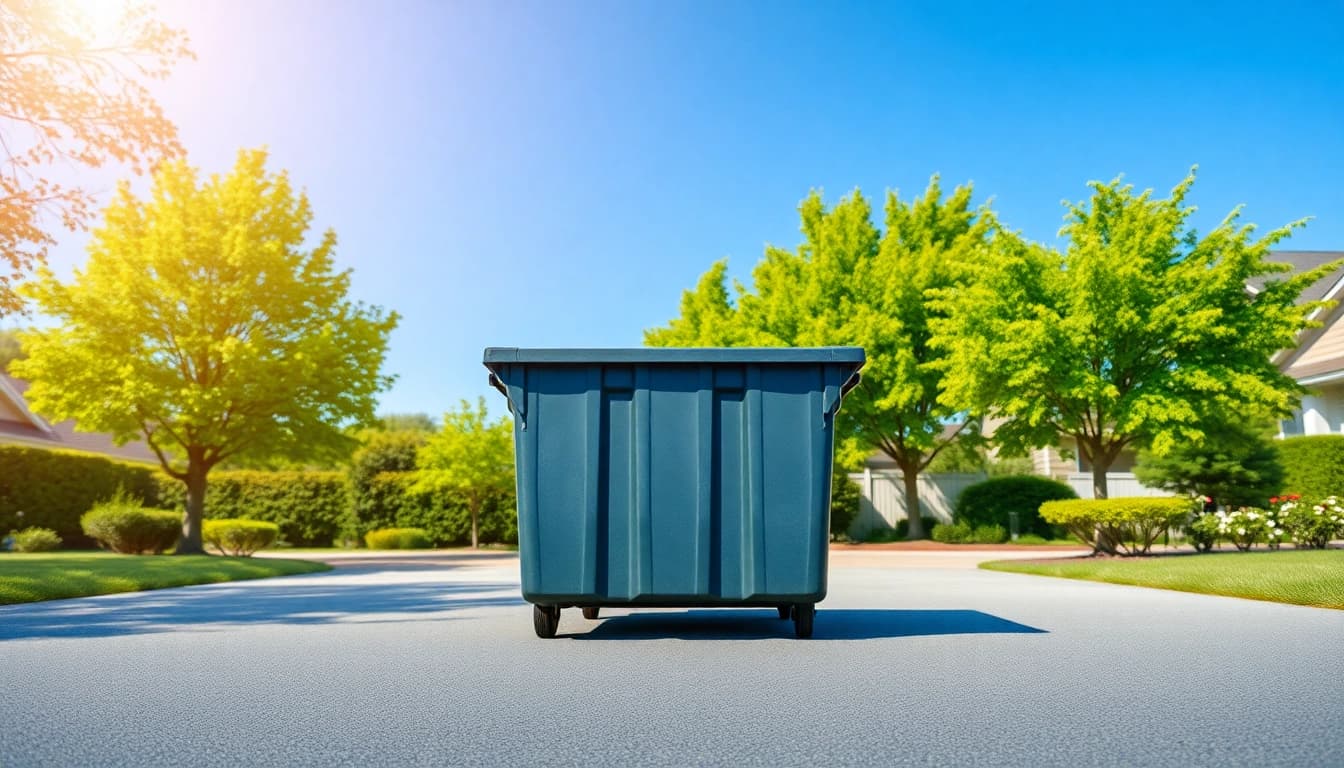 Residential bin rental positioned conveniently in a landscaped yard, promoting clean waste management.