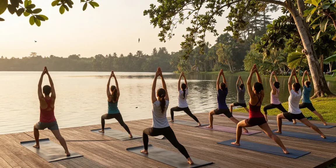 yoga teacher training sri lanka 2026 students practicing yoga at sunrise by Koggala Lake