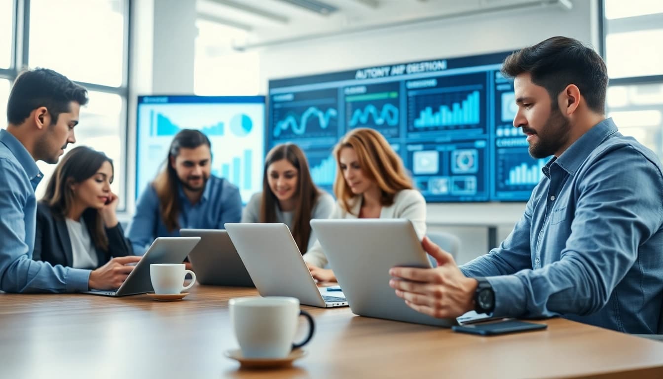 Engaged team at an AI automation agency in UK discussing project analytics and automation strategies.