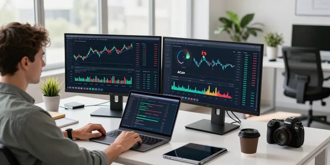 使用AiCoin进行专业数据分析的开发者在现代办公环境中专注工作。