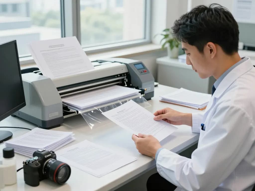 gỡ ép plastic hà nội technique demonstration in a bright office environment, showcasing document preservation with expert care.