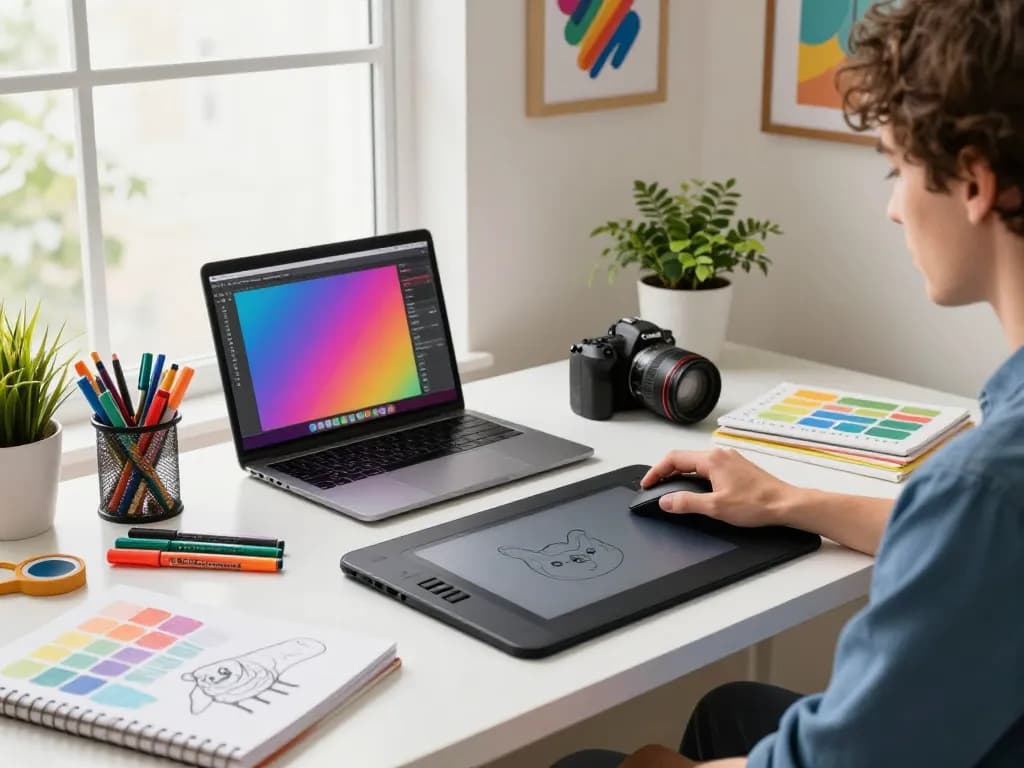 Designer creating a custom 3D mouse pad with wrist support at a colorful workspace, featuring artistic tools and natural light.