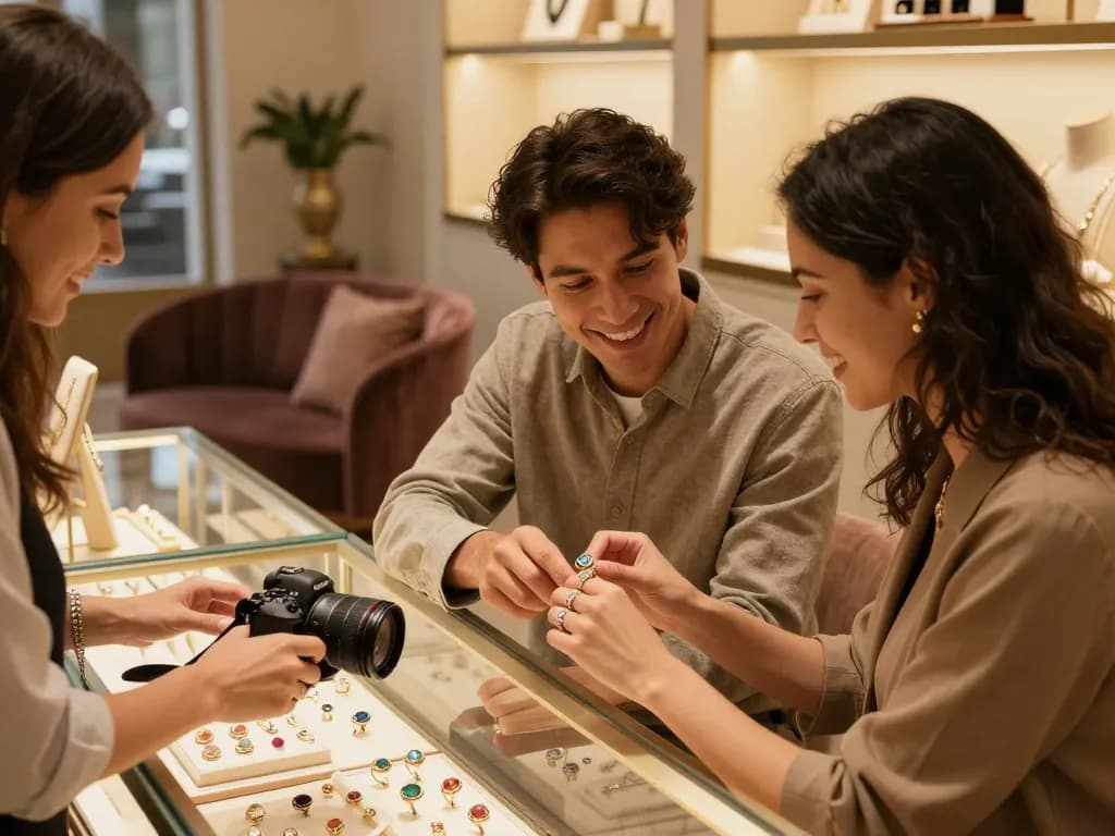 Couple joyfully trying on rings in a jewelry store, love it captured in their expressions.