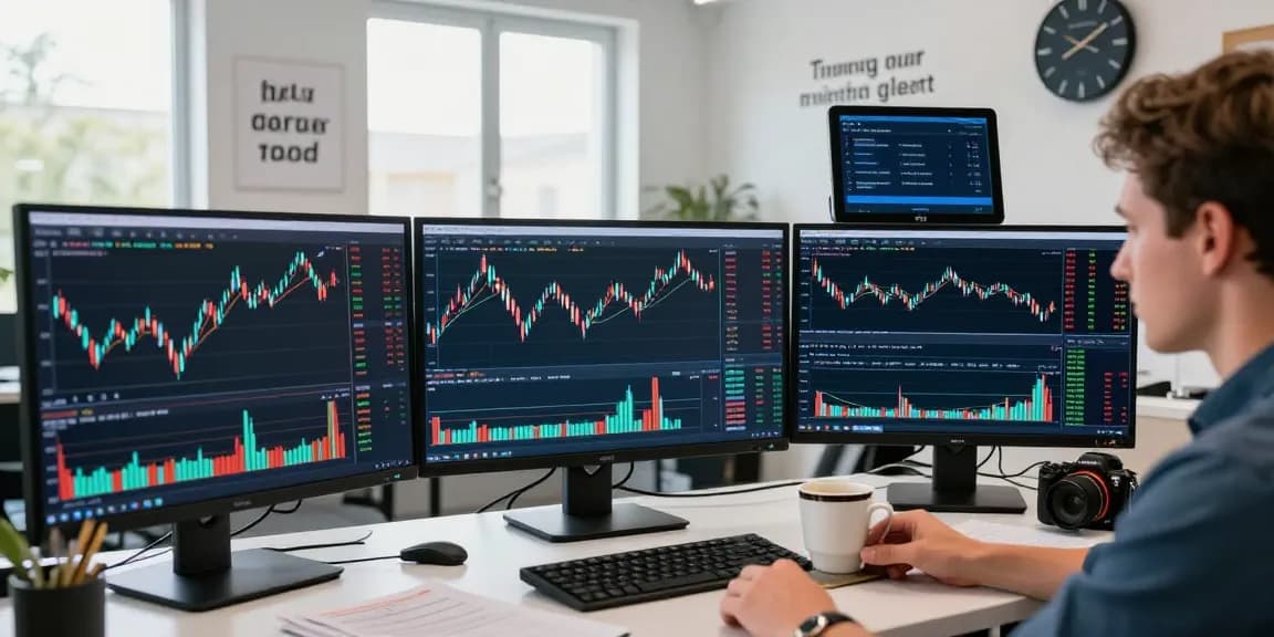 Trader analyzing mt5 charts in a modern office with dynamic data screens and market alerts.