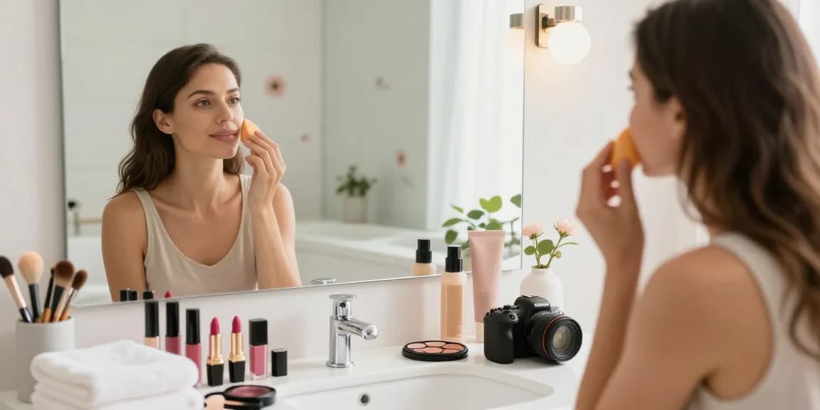 Applying silicone sponge makeup for a flawless finish in a bright bathroom.