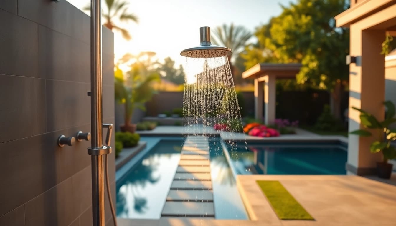 Experience the beauty of sunny shower USA with a stylish outdoor shower in a modern garden setting.