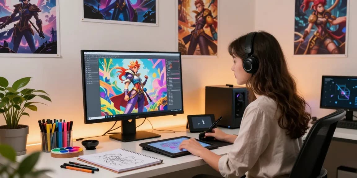 Creative young artist designing unique nsfw ai characters in a vibrant digital art studio.