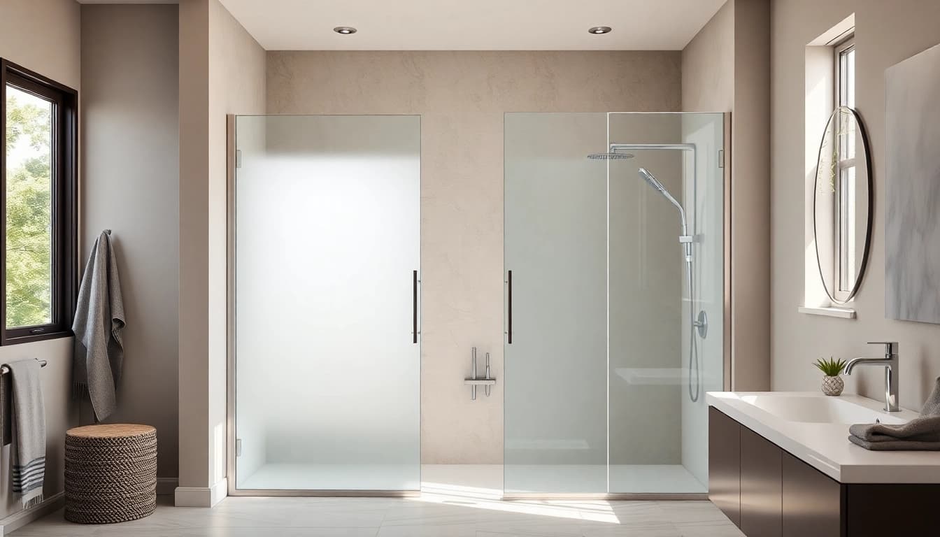 Showcase sliding shower doors in a modern bathroom with elegant design and natural lighting.