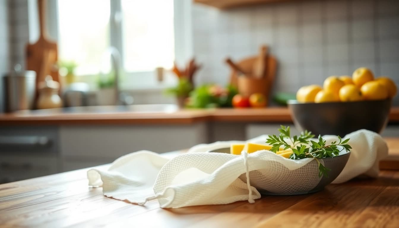 Gebruik van een kaasdoek voor het maken van kaas in een heldere keuken.