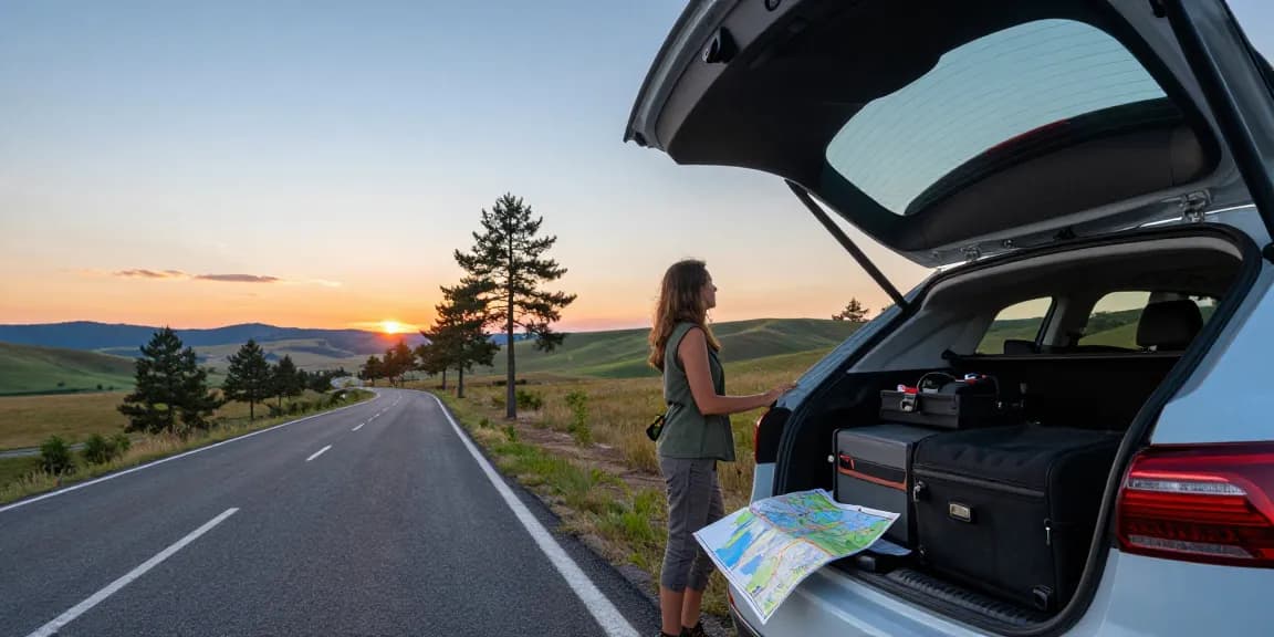 Chirie auto chisinau: Traveler unloading luggage from a rental car in Moldova's countryside during sunset.