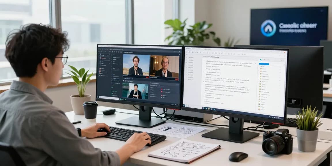 AI image detector interface displayed on dual monitors, professional analyzing flagged content in bright office setting.