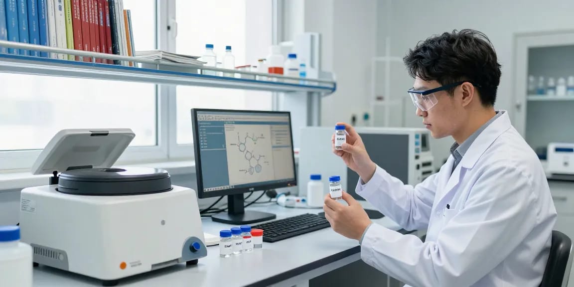 Technician analyzing SwissChems research-grade peptides in a modern lab setting.
