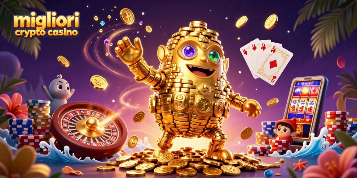 Gioca nei migliori crypto casino con il golem d'oro che si muove tra simboli di slot e gemme preziose.
