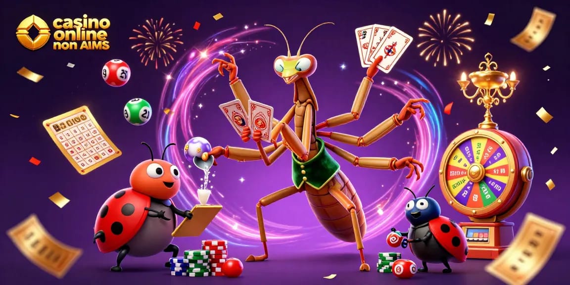 Gioca nei migliori casino online non AAMS con un mantide e una coccinella, circondati da palline colorate e premi.