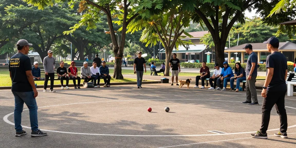 Aktivitas bermain petanque di taman lokal, fopikotabanjarma.org menampilkan momen komunitas yang ceria.