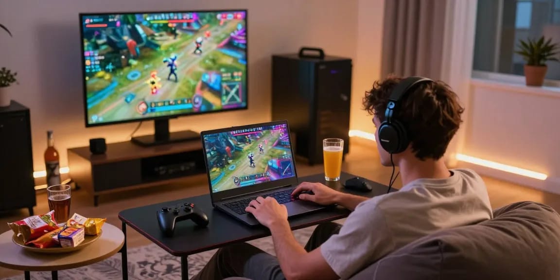 Person enjoying xxx games on a laptop in a cozy gaming environment with colorful visuals.