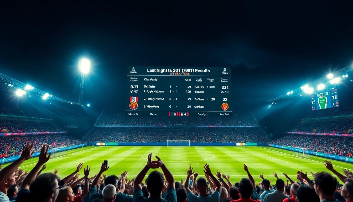 Display of last night's soccer results, showcasing thrilling matches, ผลบอลเมื่อคืนนี้ทุกลีก prominently featured.