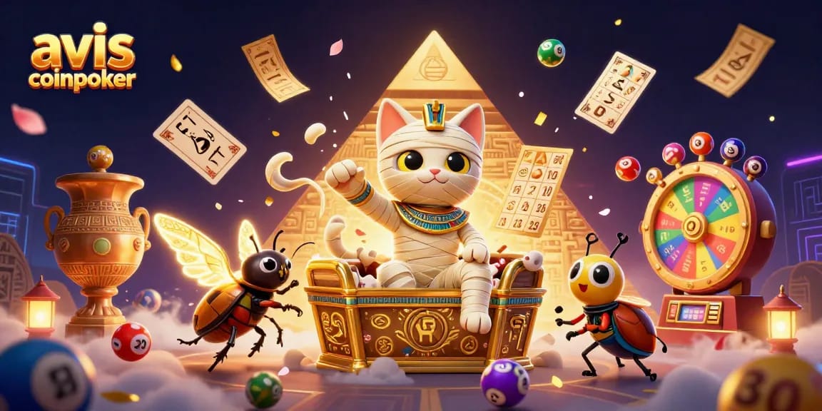 Découvrez les avis CoinPoker avec un chat momie égyptien et des éléments de jeux vibrants.