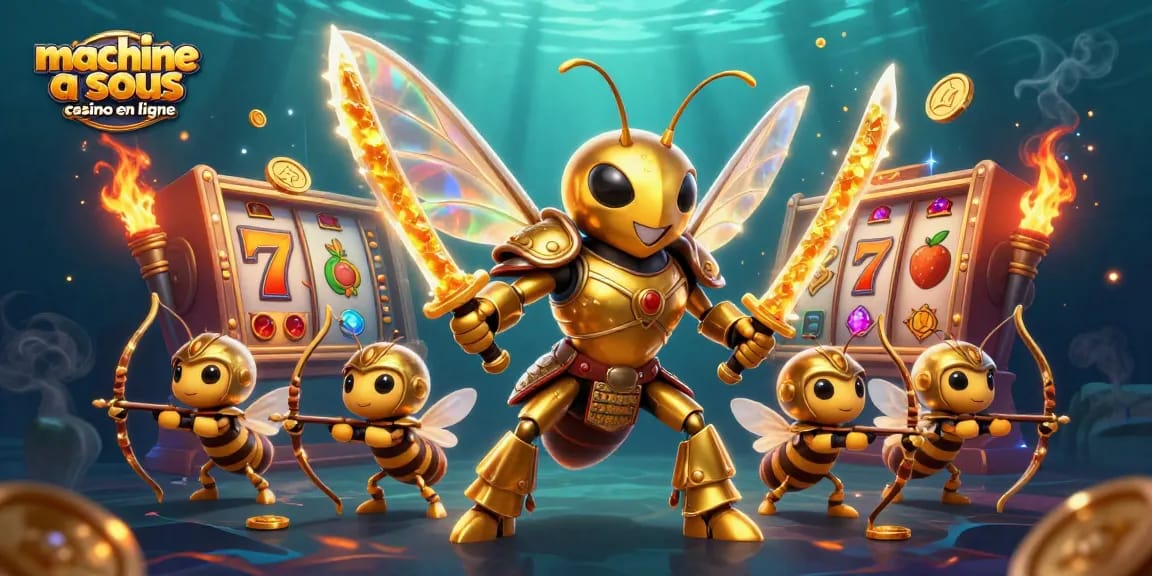 Jouez à machine à sous casino en ligne avec une illustration dynamique de machines à sous et des personnages attrayants.