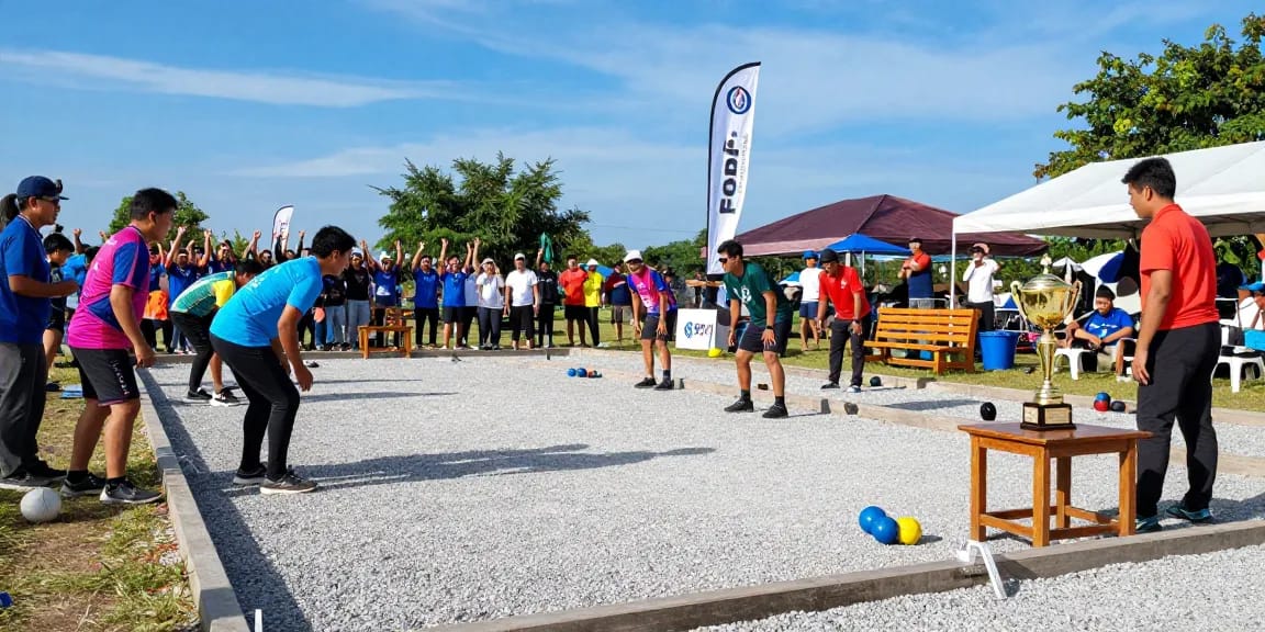 Suasana pertandingan petanque di fopikotaparepare.org dengan atlet berkompetisi di lapangan kerikil.