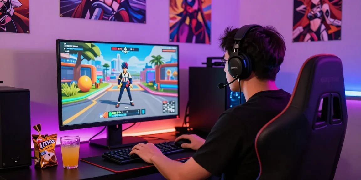 Playing hentai games online with a vibrant 3D gaming setup and immersive visuals.