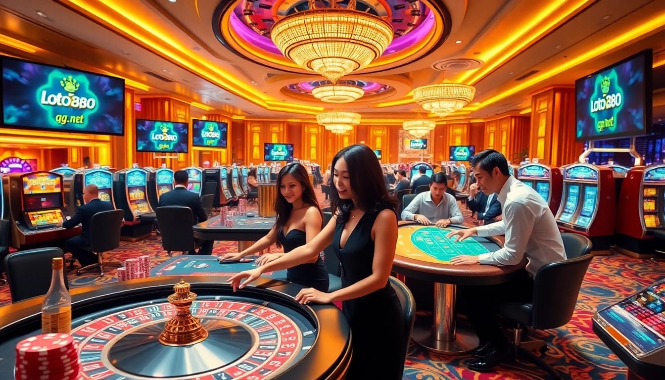 Exciting casino scene featuring players at loto188.gb.net with roulette and slot machines.