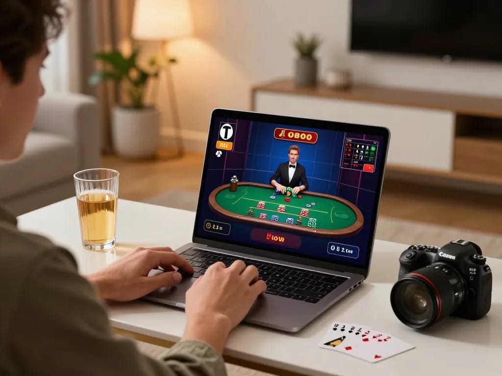 Agen Casino Online gameplay at home featuring an engaging blackjack session on a laptop.