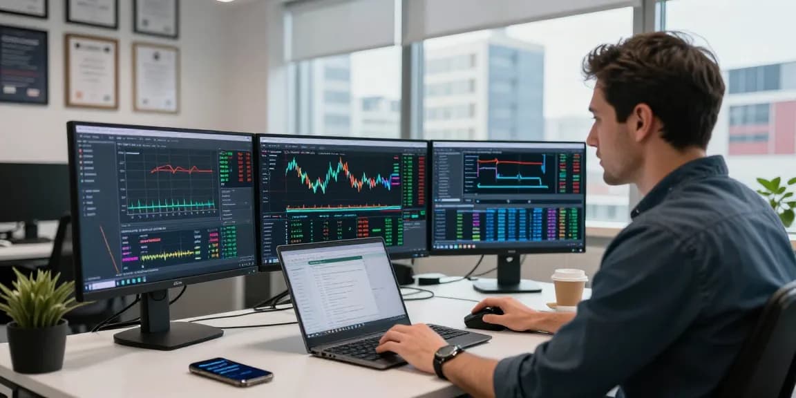 Traders utilizing MetaTrader 5 in a modern workspace with multiple screens and market analysis