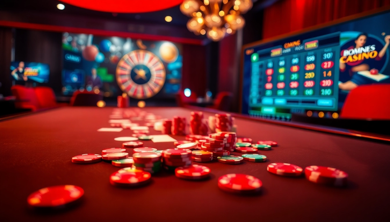 Une scène de casino captivante présentant une table de jeu moderne et une interface en ligne, mettant en avant les meilleurs casinos en ligne pour les amateurs de sensations fortes.