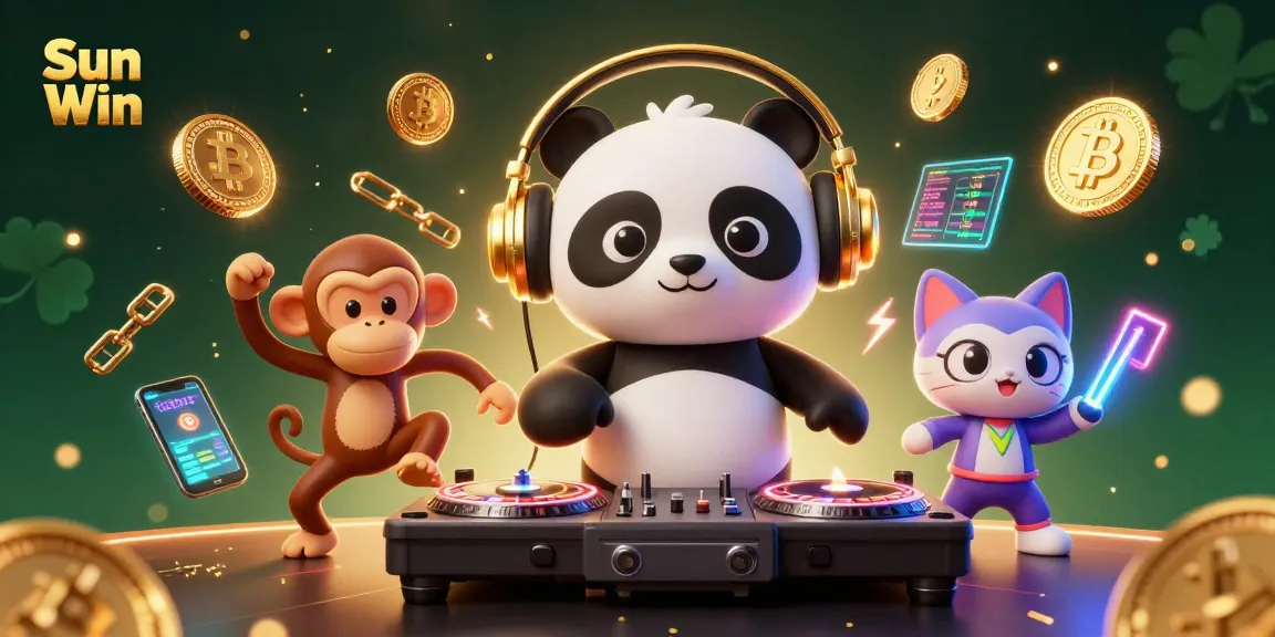 Experience big wins with Sun Win in a colorful casino setting, featuring animated characters and glowing coins.