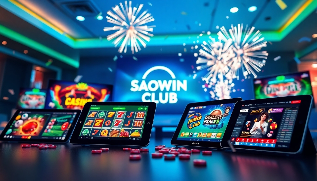 Hình ảnh sống động về nền tảng chơi game trực tuyến của Saowin Club, giới thiệu các trò casino trên các thiết bị hiện đại.