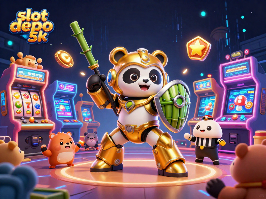 Engage in the action of slot depo 5k with a vibrant illustration of a panda piloting a fighting robot.