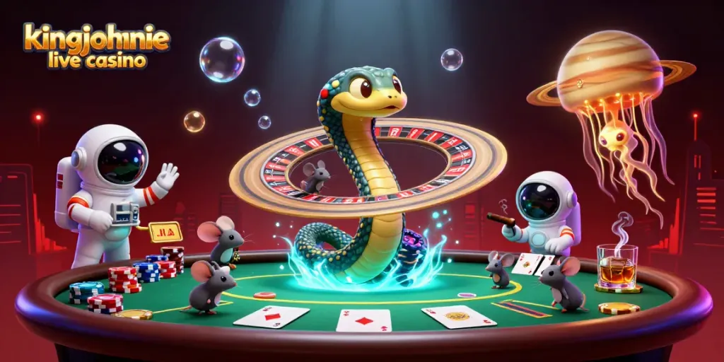 Engaging 3D illustration depicting the kingjohnnie live casino experience, showcasing unique characters and dynamic gameplay elements.