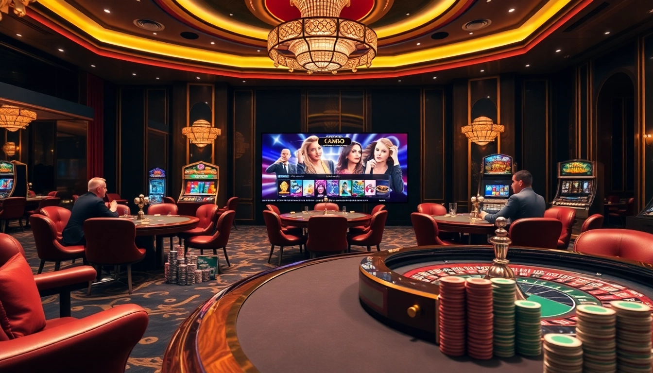 Vivez le frisson des meilleurs casinos en ligne avec des joueurs profitant du poker et de la roulette dans un cadre luxueux.