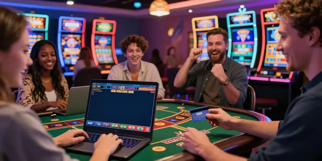 Players engaging with a credit card casino online, enjoying vibrant slot games and an exciting atmosphere.