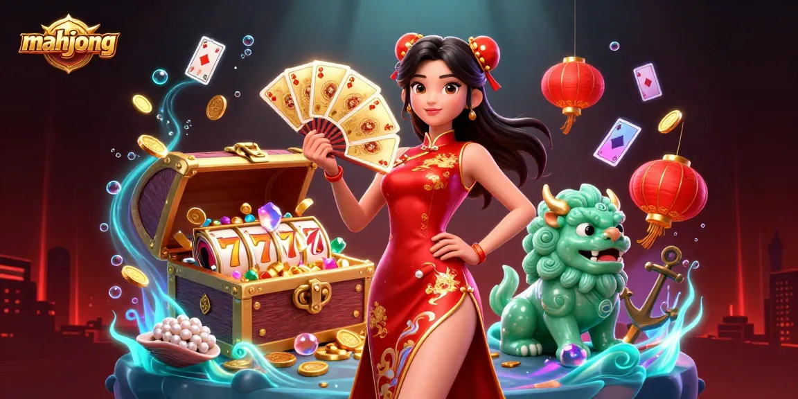 Engage in exciting mahjong gameplay with an elegant woman, golden cards, and dynamic casino elements.