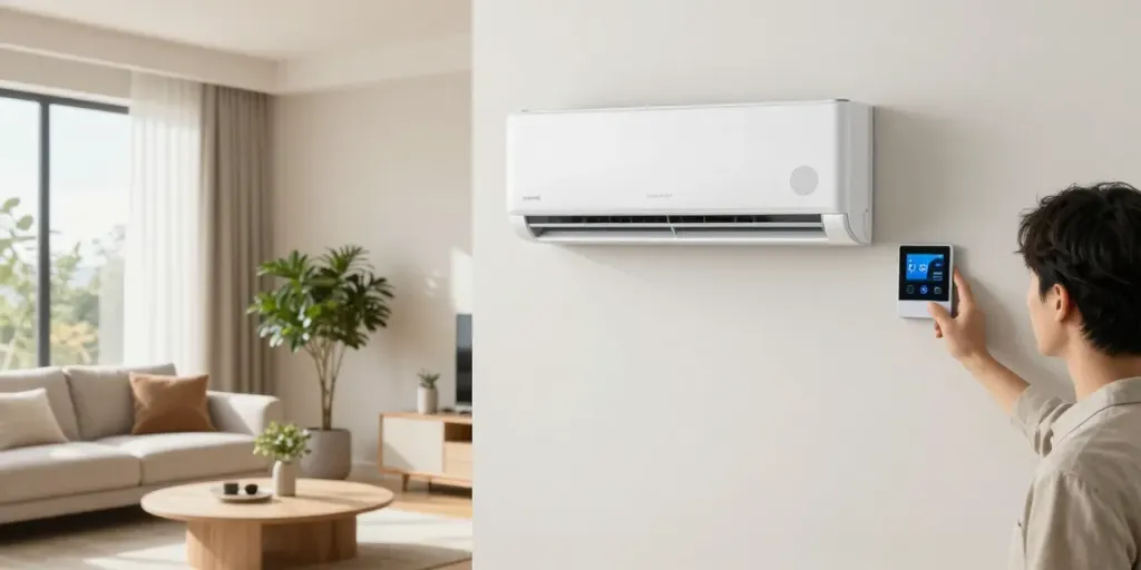 Cozy living room with a mini split AC unit and smart thermostat.