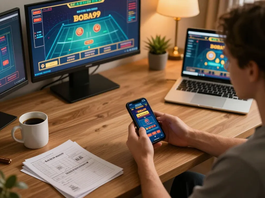 Pengguna Boba99 menikmati permainan online di mobile, menampilkan antarmuka aplikasi yang hidup dan pengaturan rumah yang nyaman.