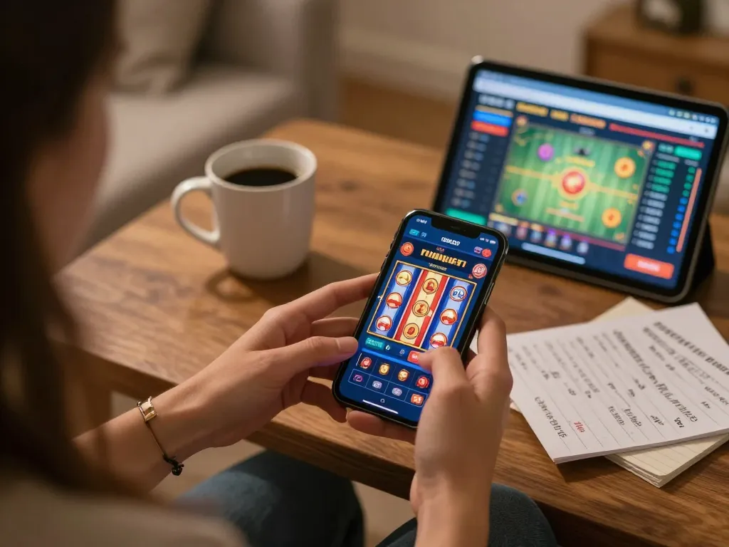 Player spinning virtual slot machines on a smartphone while enjoying a cozy home atmosphere, exploring harga toto.